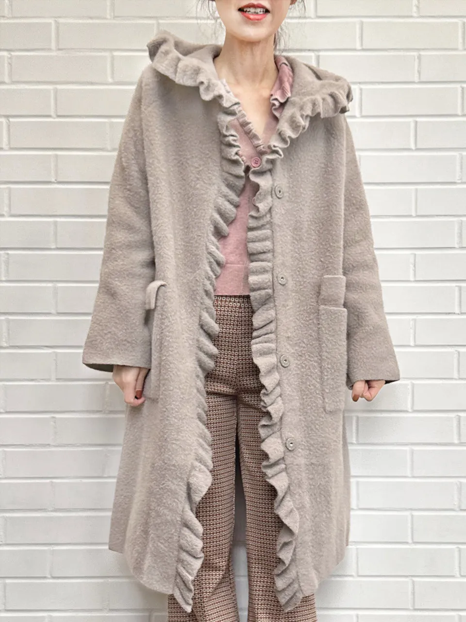 Taupe Pink Ruffle Trim Mohair Blended Longline Hooded Coatigan