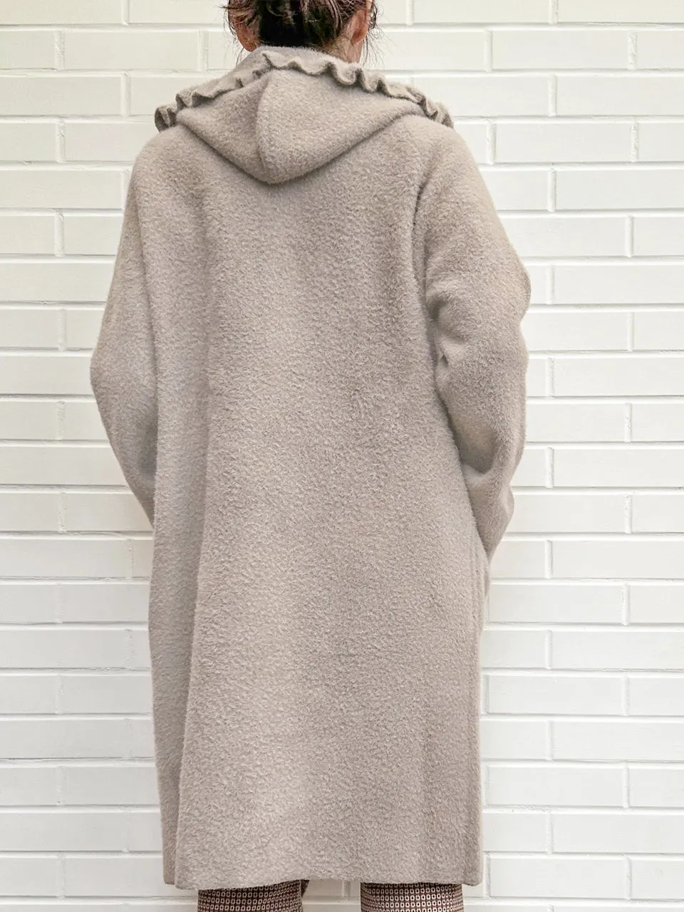 Taupe Pink Ruffle Trim Mohair Blended Longline Hooded Coatigan