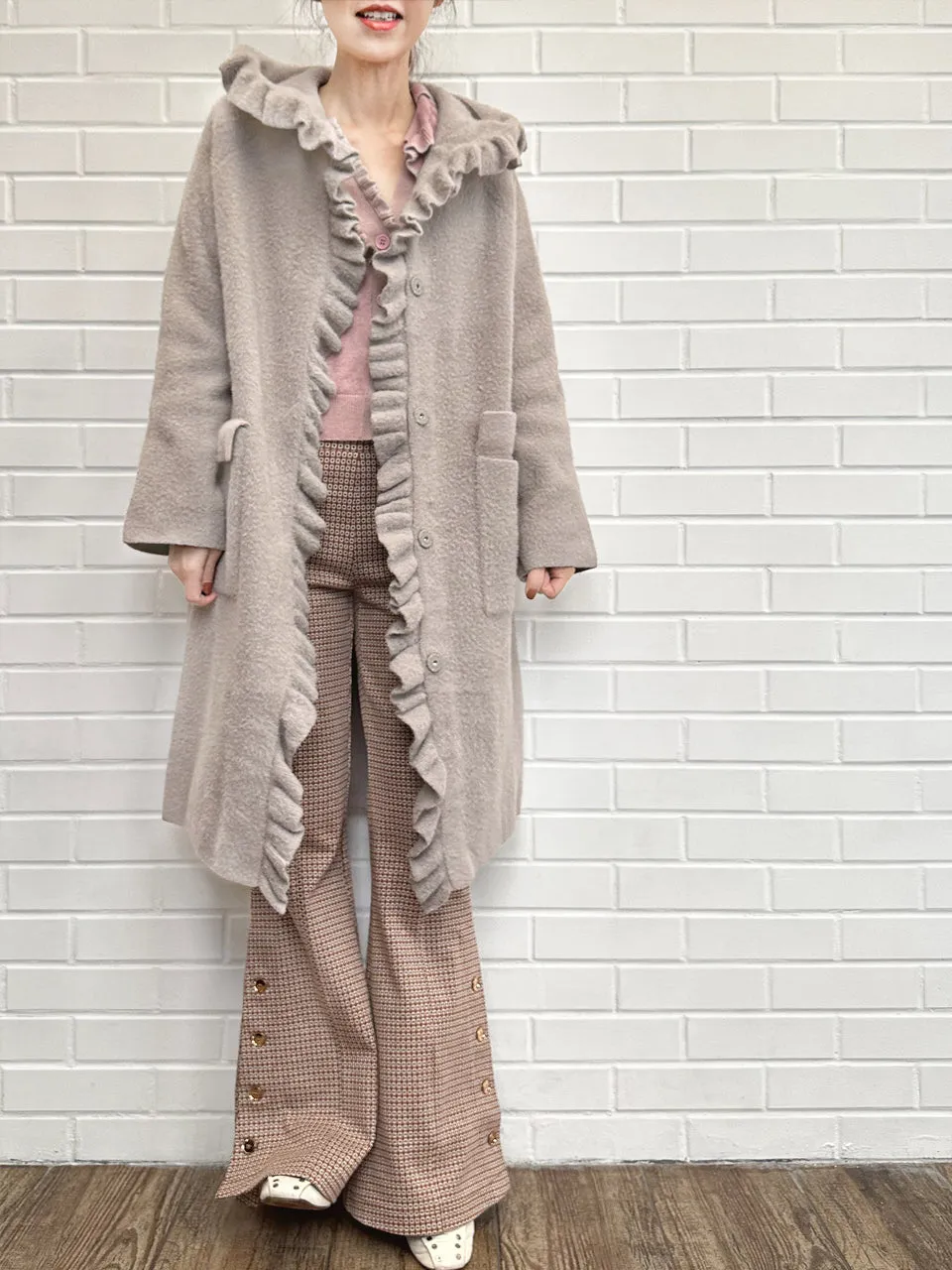 Taupe Pink Ruffle Trim Mohair Blended Longline Hooded Coatigan