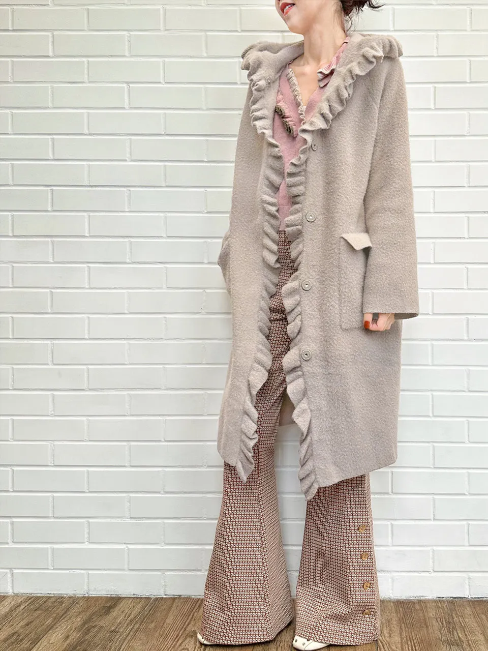 Taupe Pink Ruffle Trim Mohair Blended Longline Hooded Coatigan