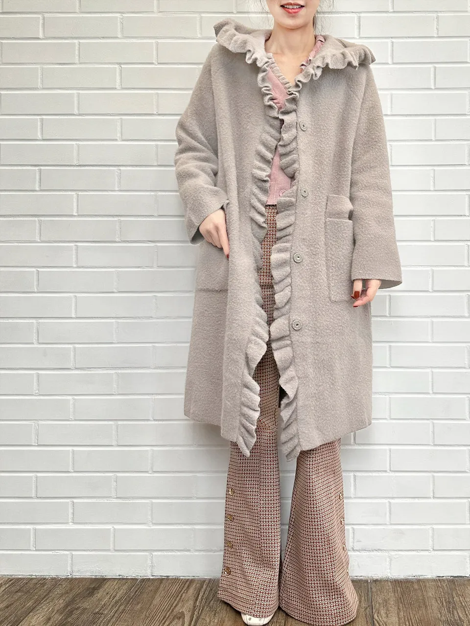 Taupe Pink Ruffle Trim Mohair Blended Longline Hooded Coatigan