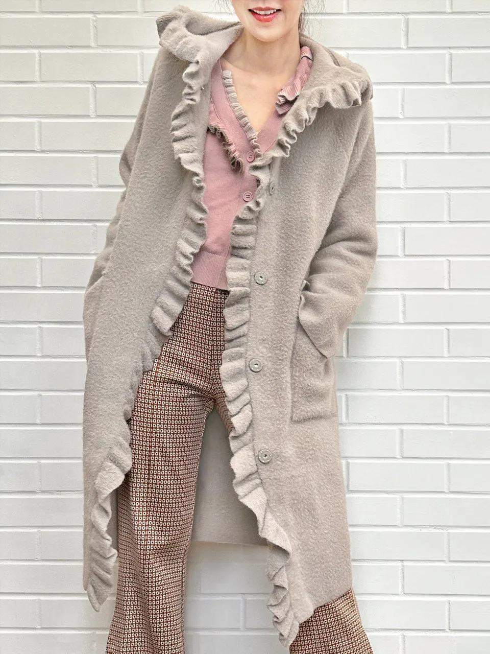 Taupe Pink Ruffle Trim Mohair Blended Longline Hooded Coatigan