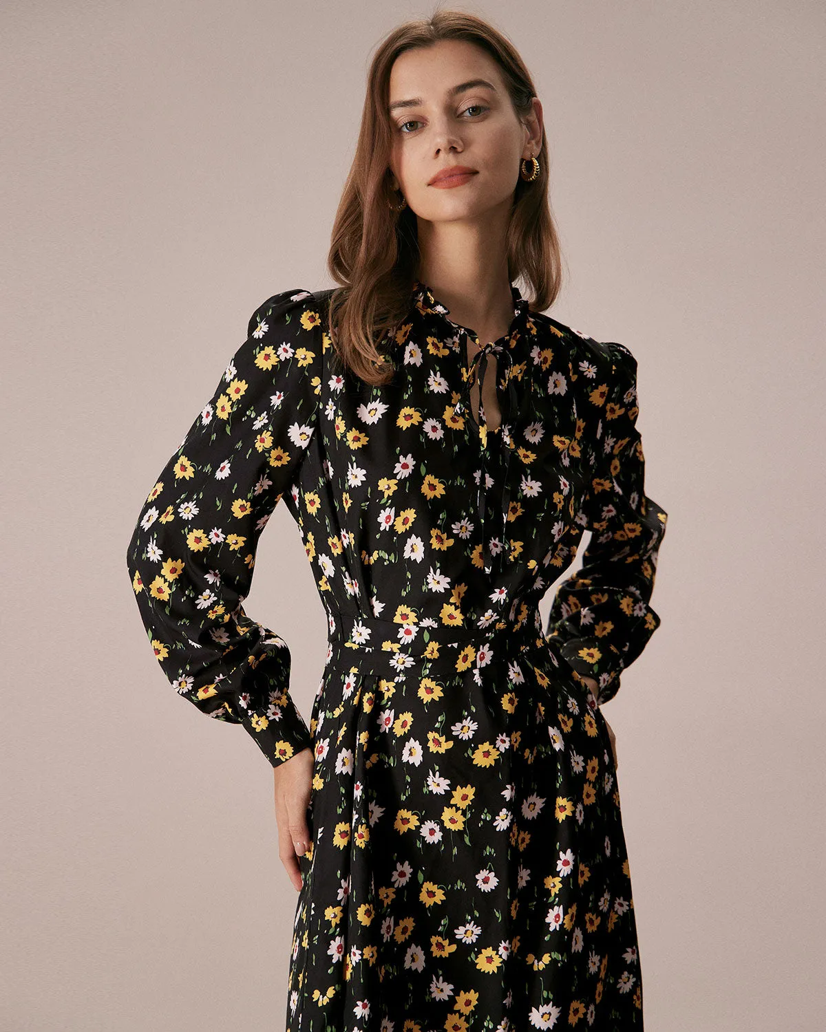 The Black Tie Neck Floral Ruched Midi Dress