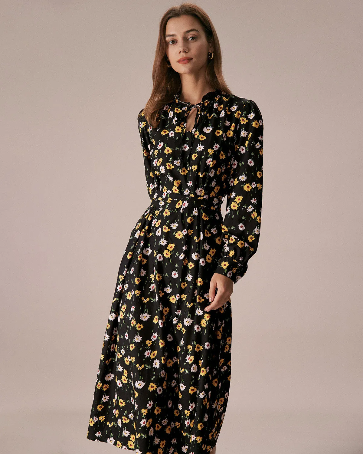 The Black Tie Neck Floral Ruched Midi Dress