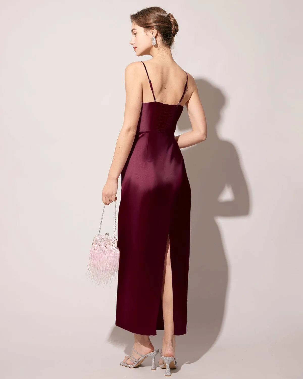 The Red Back Slit Satin Sling Maxi Dress