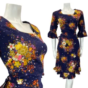 VINTAGE 60 70s BLUE ORANGE YELLOW FLORAL BOUQUET FLOUNCE SLEEVE MOD DRESS 12