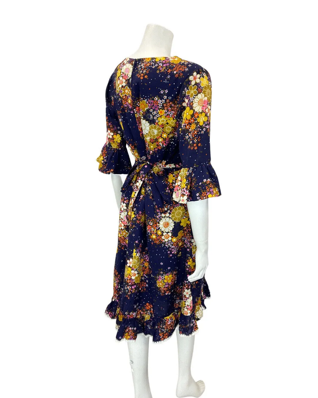 VINTAGE 60 70s BLUE ORANGE YELLOW FLORAL BOUQUET FLOUNCE SLEEVE MOD DRESS 12