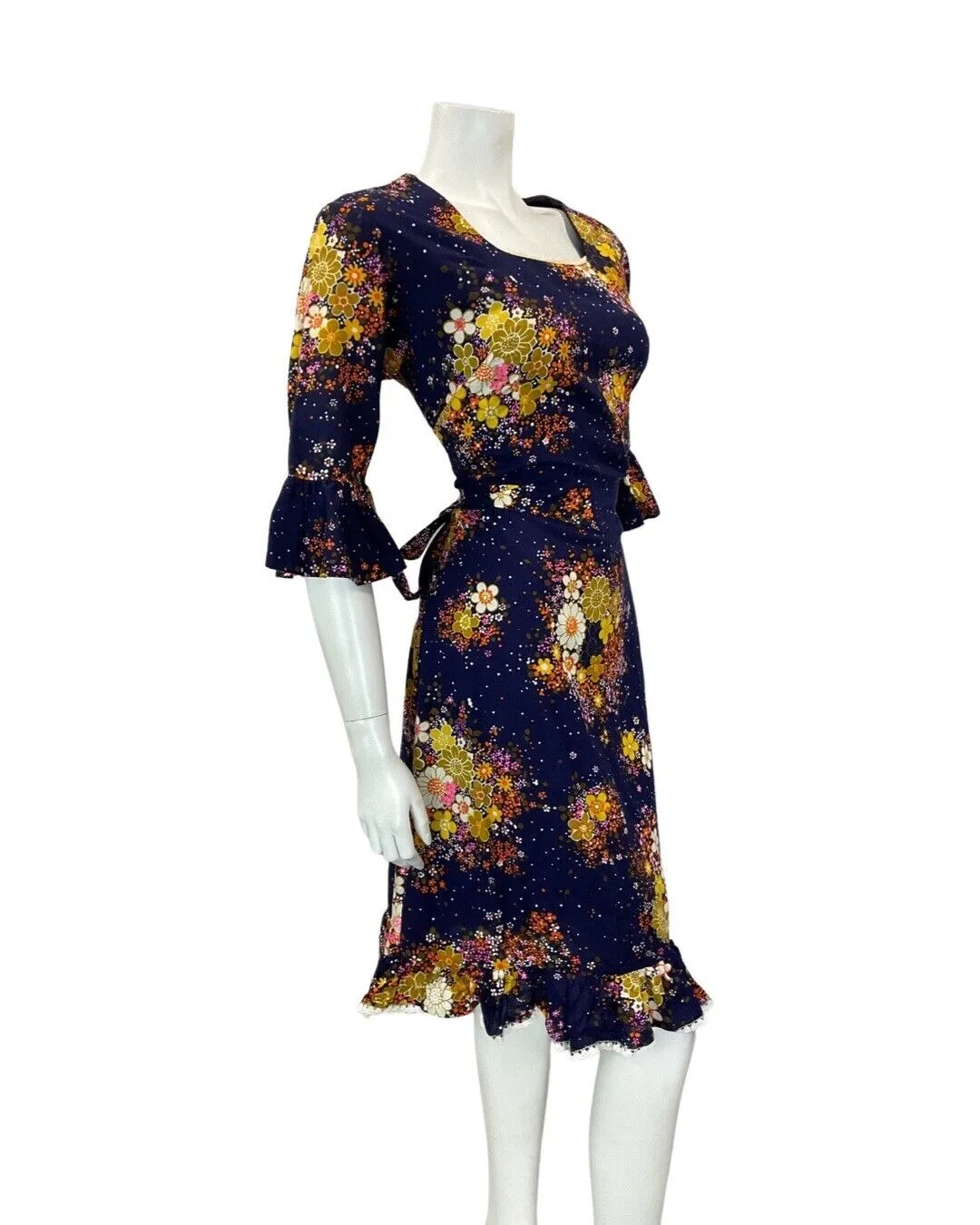 VINTAGE 60 70s BLUE ORANGE YELLOW FLORAL BOUQUET FLOUNCE SLEEVE MOD DRESS 12