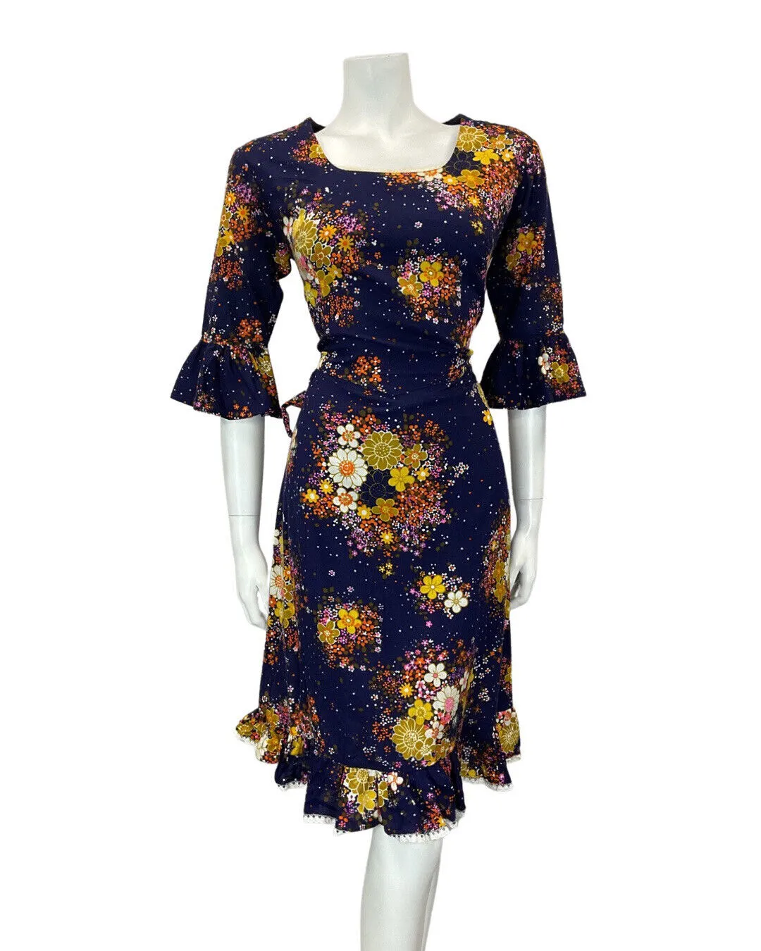 VINTAGE 60 70s BLUE ORANGE YELLOW FLORAL BOUQUET FLOUNCE SLEEVE MOD DRESS 12