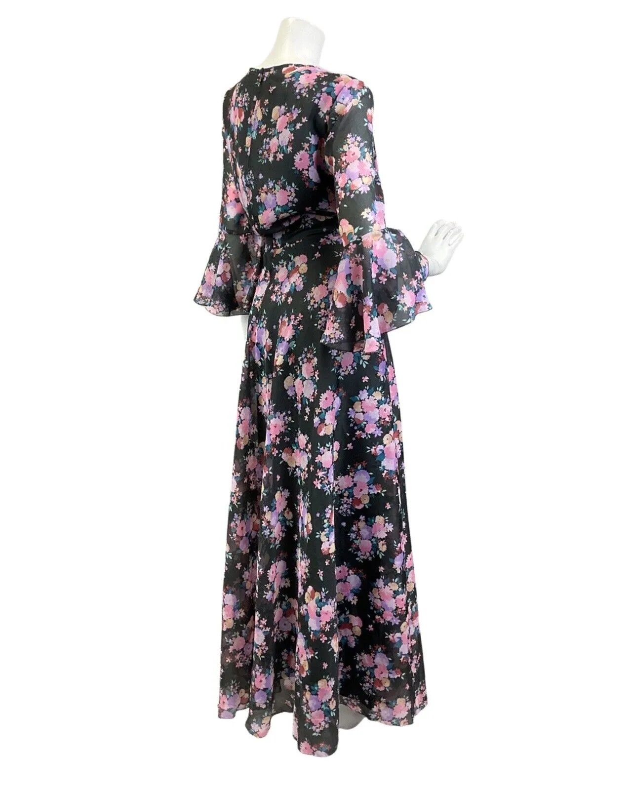 VINTAGE 60s 70s BLACK PINK BLUE FLORAL BOUQUET FLOUNCE SLEEVE BOHO MAXI DRESS 16