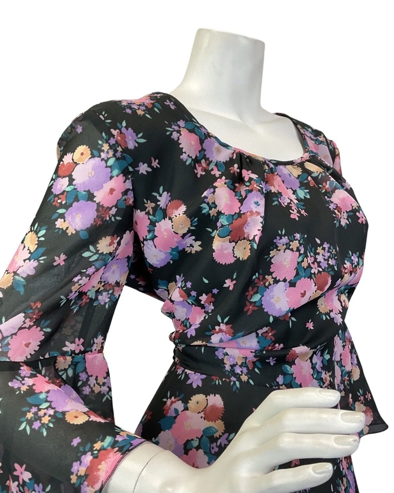 VINTAGE 60s 70s BLACK PINK BLUE FLORAL BOUQUET FLOUNCE SLEEVE BOHO MAXI DRESS 16