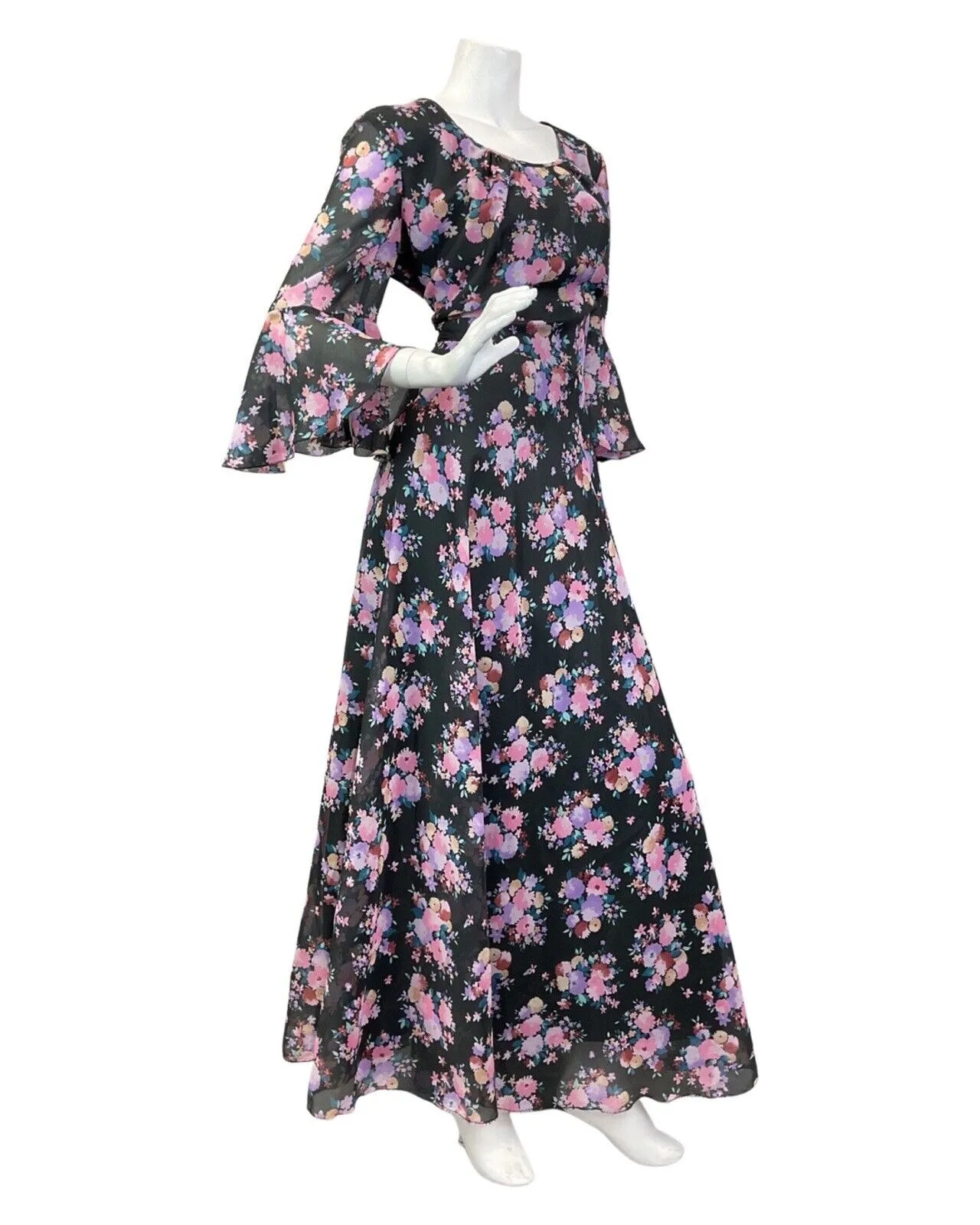 VINTAGE 60s 70s BLACK PINK BLUE FLORAL BOUQUET FLOUNCE SLEEVE BOHO MAXI DRESS 16