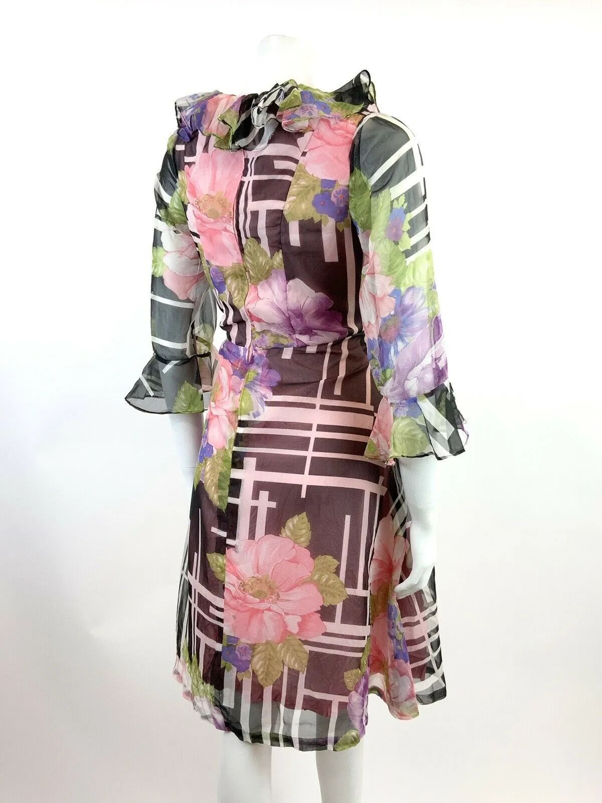 VINTAGE 60s 70s BLACK WHITE PINK GREEN GEOMETRIC FLORAL SHEER FLOUNCE DRESS 10