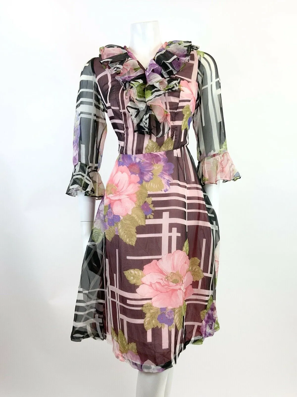 VINTAGE 60s 70s BLACK WHITE PINK GREEN GEOMETRIC FLORAL SHEER FLOUNCE DRESS 10