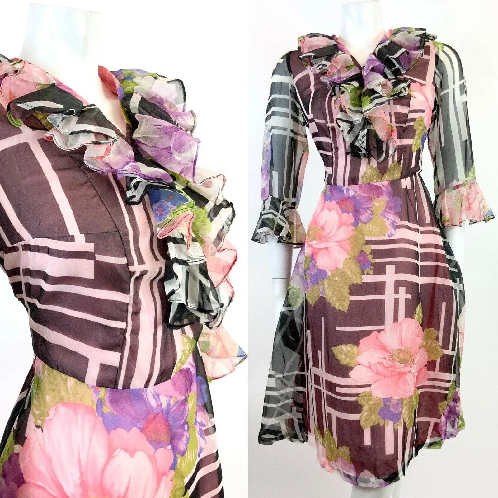 VINTAGE 60s 70s BLACK WHITE PINK GREEN GEOMETRIC FLORAL SHEER FLOUNCE DRESS 10