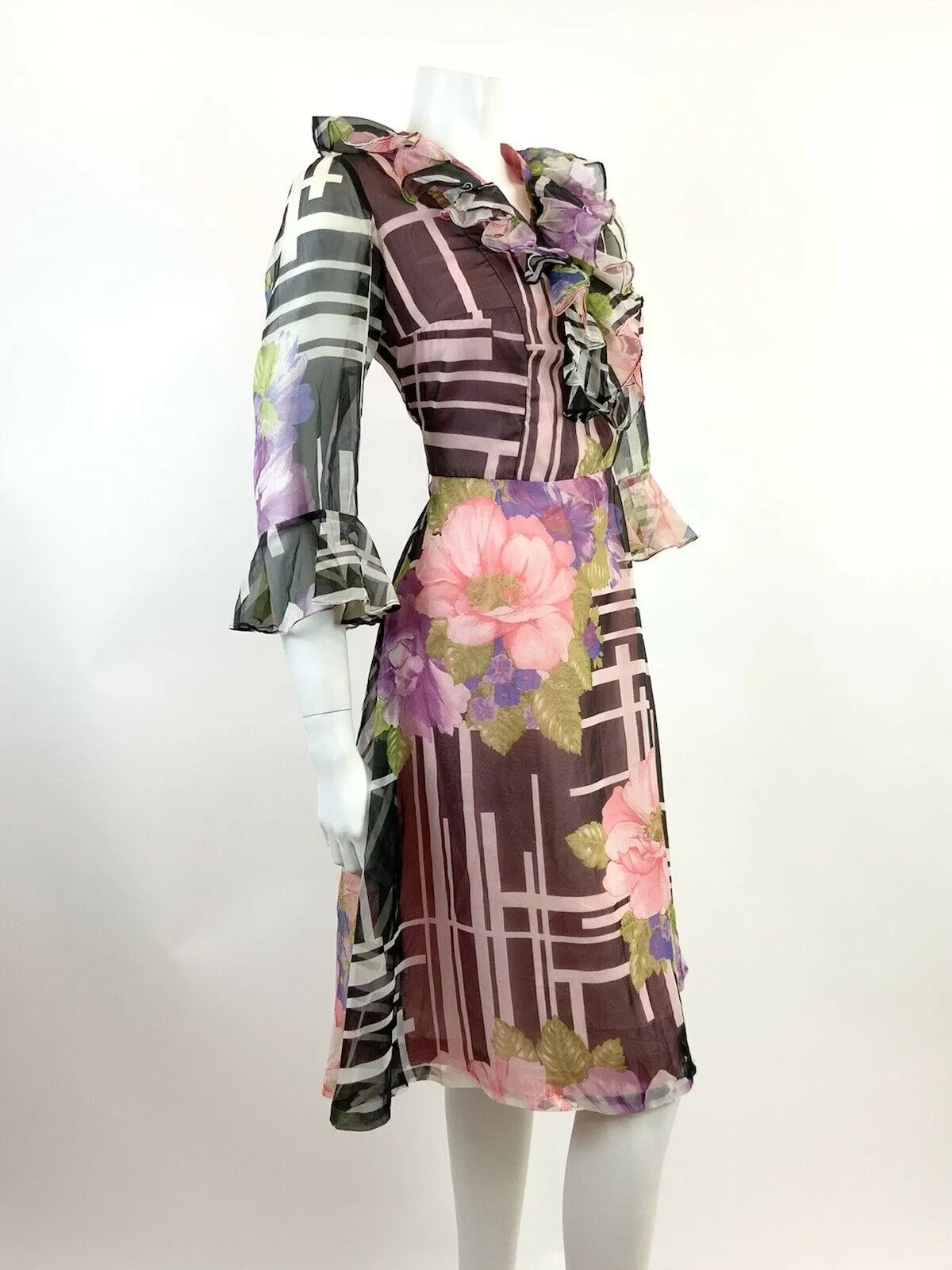 VINTAGE 60s 70s BLACK WHITE PINK GREEN GEOMETRIC FLORAL SHEER FLOUNCE DRESS 10