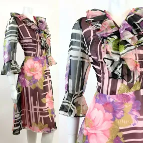 VINTAGE 60s 70s BLACK WHITE PINK GREEN GEOMETRIC FLORAL SHEER FLOUNCE DRESS 10