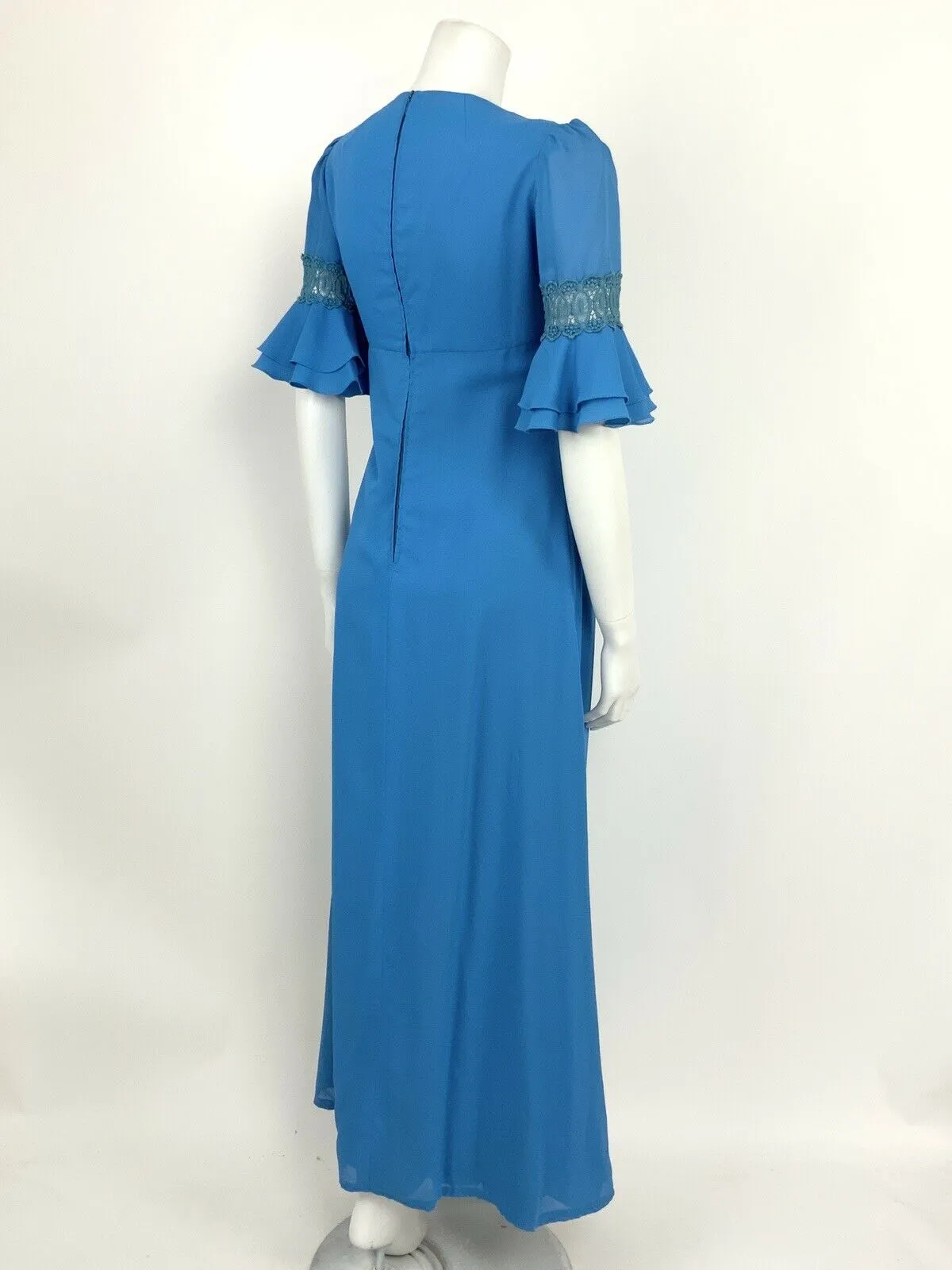 VINTAGE 60s 70s BLUE EMPIRE LINE FLOUNCE CROCHET LACE SLEEVE MAXI DRESS 10