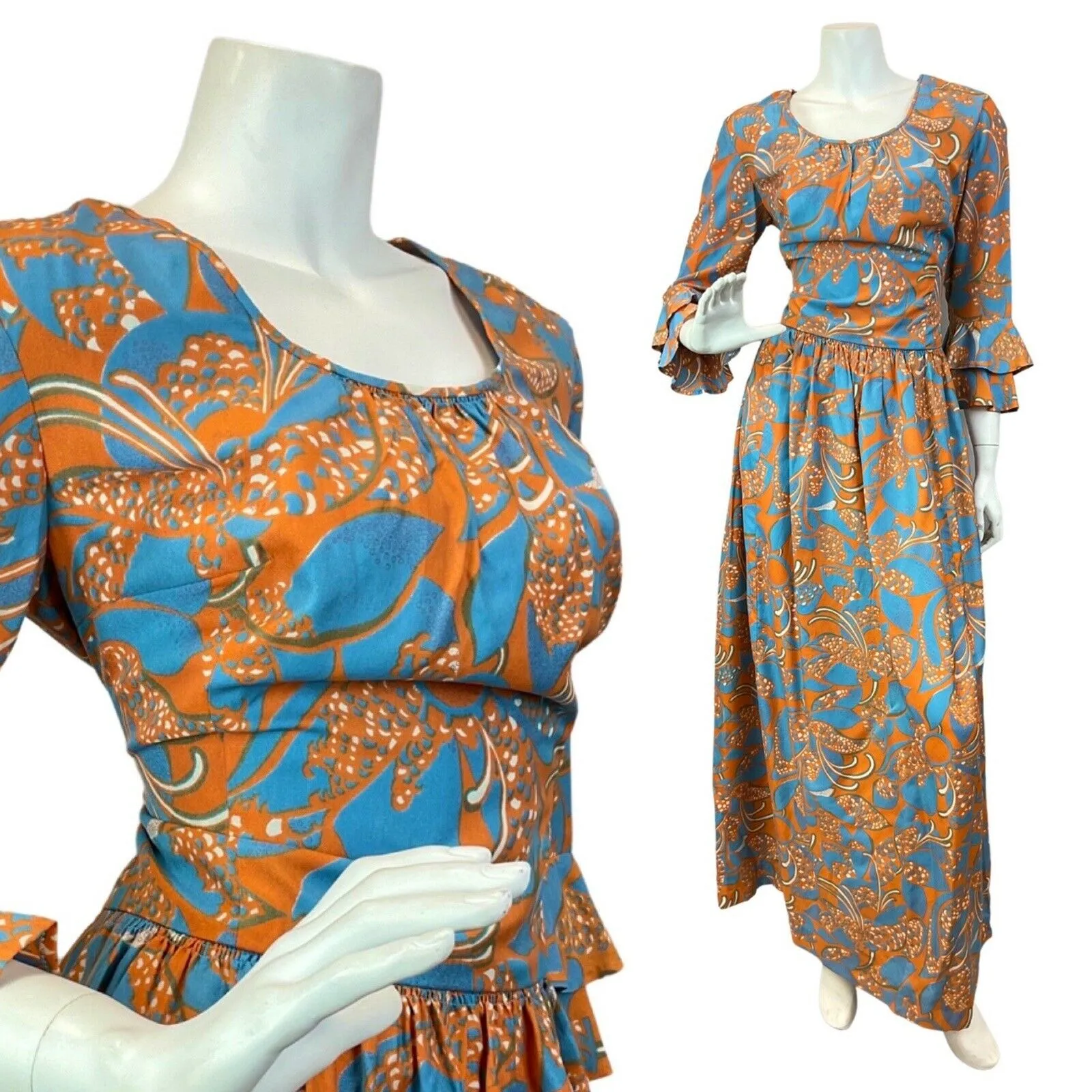 VINTAGE 60s 70s BLUE ORANGE PSYCHEDELIC FLORAL FLOUNCE SLEEVE MOD MAXI DRESS 12