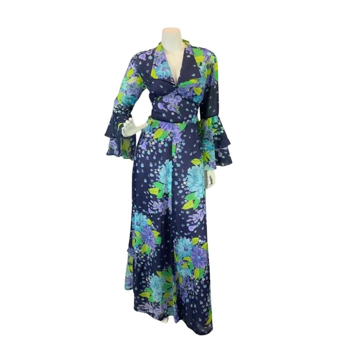 VINTAGE 60s 70s BLUE PURPLE GREEN FLORAL PSYCHEDELIC FLOUNCE MOD MAXI DRESS 10