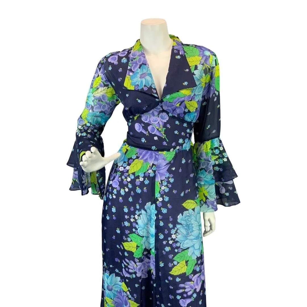 VINTAGE 60s 70s BLUE PURPLE GREEN FLORAL PSYCHEDELIC FLOUNCE MOD MAXI DRESS 10