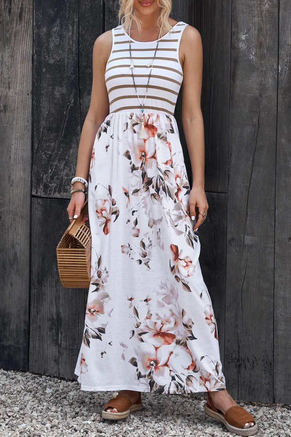 White Boho Stripes & Floral Print Floor Length Tank Dress