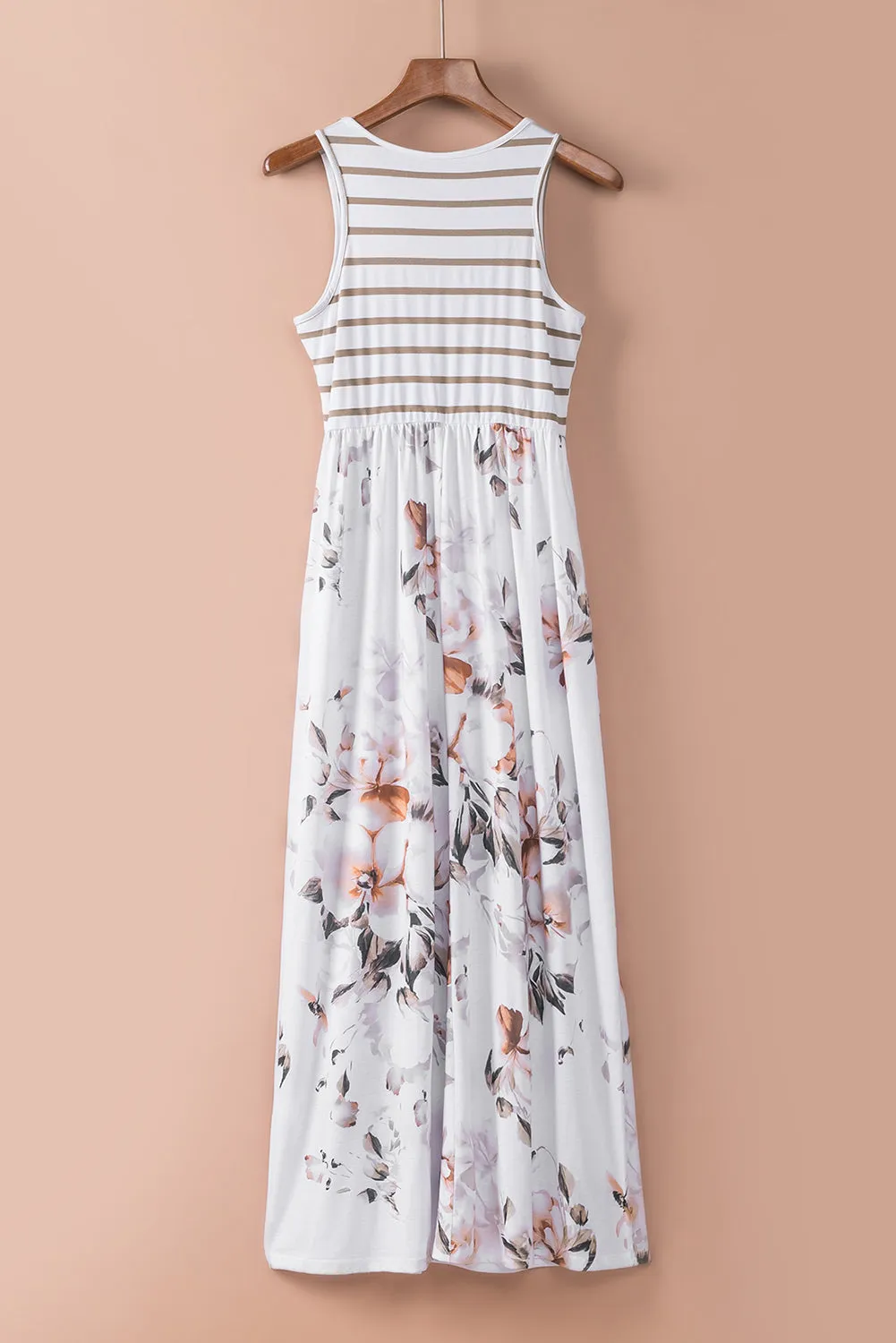 White Boho Stripes & Floral Print Floor Length Tank Dress