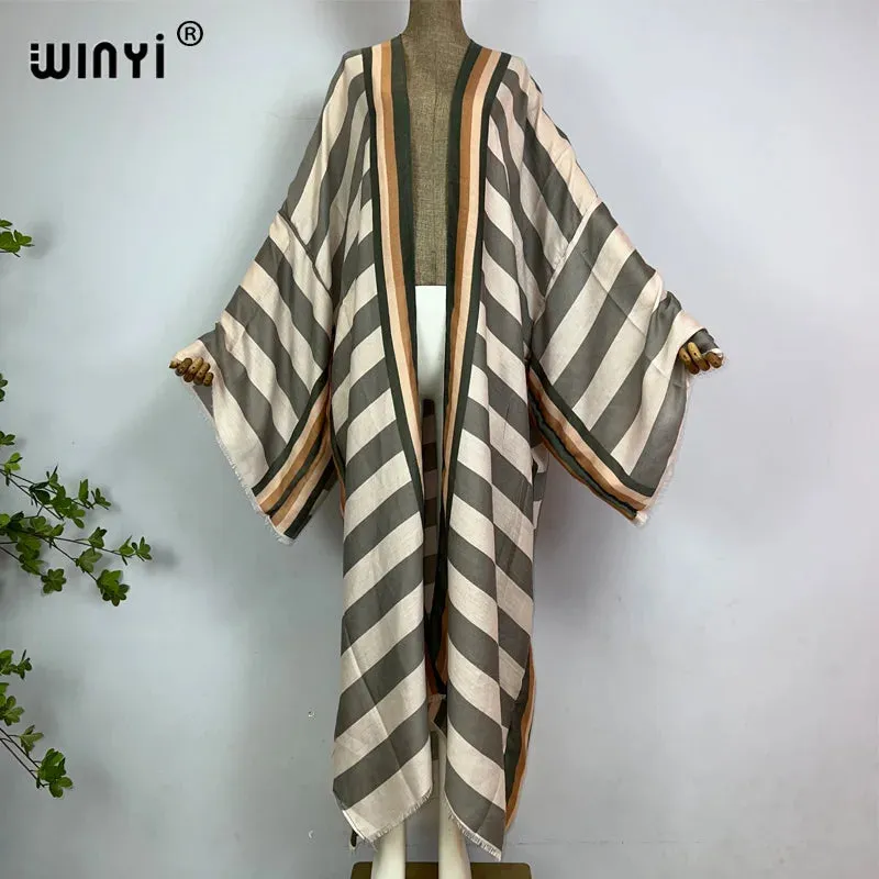 WINYI kimono Africa summer boho Stripe print beach swimwear Elegant Cardigan sexy Holiday maxi beach wear swimsuit evening dress