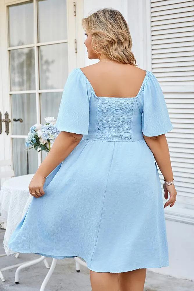 Women Plus Size Flounce Sleeve Midi Dress V-Neck Flared A-Line Dress