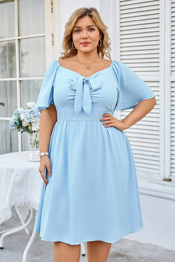 Women Plus Size Flounce Sleeve Midi Dress V-Neck Flared A-Line Dress