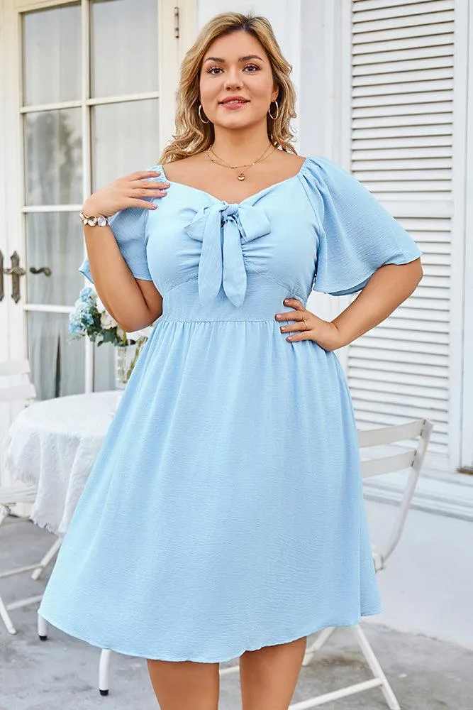 Women Plus Size Flounce Sleeve Midi Dress V-Neck Flared A-Line Dress