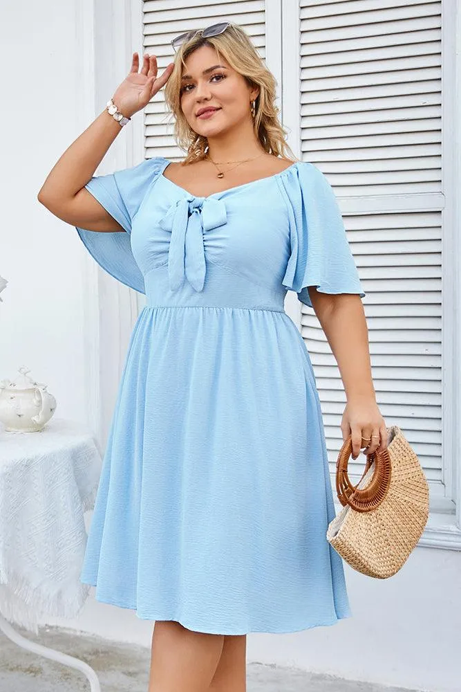 Women Plus Size Flounce Sleeve Midi Dress V-Neck Flared A-Line Dress