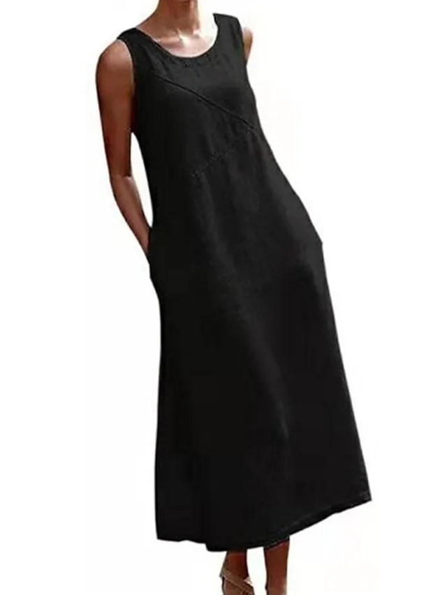 Women's Cotton Linen Dress Casual Dress Shift Dress Maxi long Dress Cotton Blend Stylish Basic Outdoor Holiday Date Crew Neck Pocket Sleeveless Summer Spring 2023 Loose Fit Black Gray Pure Color S M