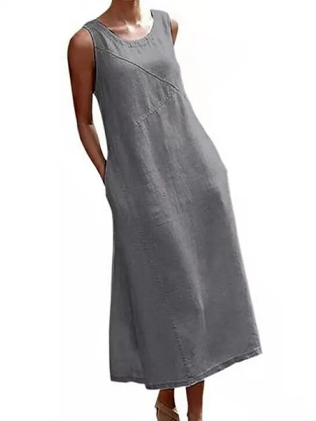 Women's Cotton Linen Dress Casual Dress Shift Dress Maxi long Dress Cotton Blend Stylish Basic Outdoor Holiday Date Crew Neck Pocket Sleeveless Summer Spring 2023 Loose Fit Black Gray Pure Color S M