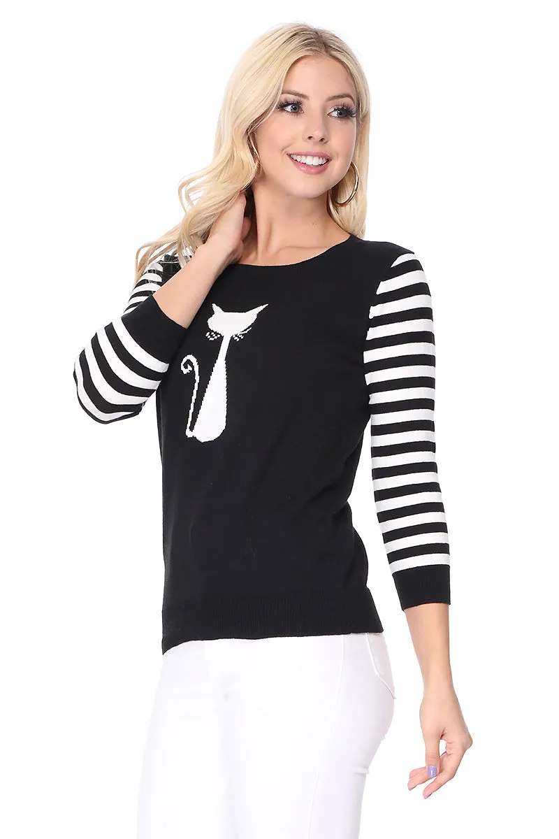 Yemak Women's 3/4 Striped Sleeve Round Neck Cat Design Knitted Sweater Pullover MK8249