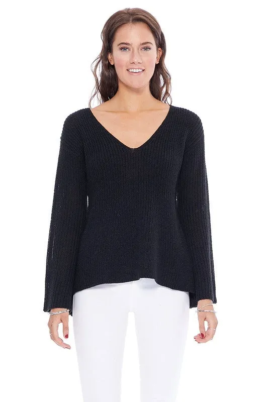 Yemak Women's Lightweight V Neck Long Sleeve Bell Sleeve Pullover Sweater MK8232