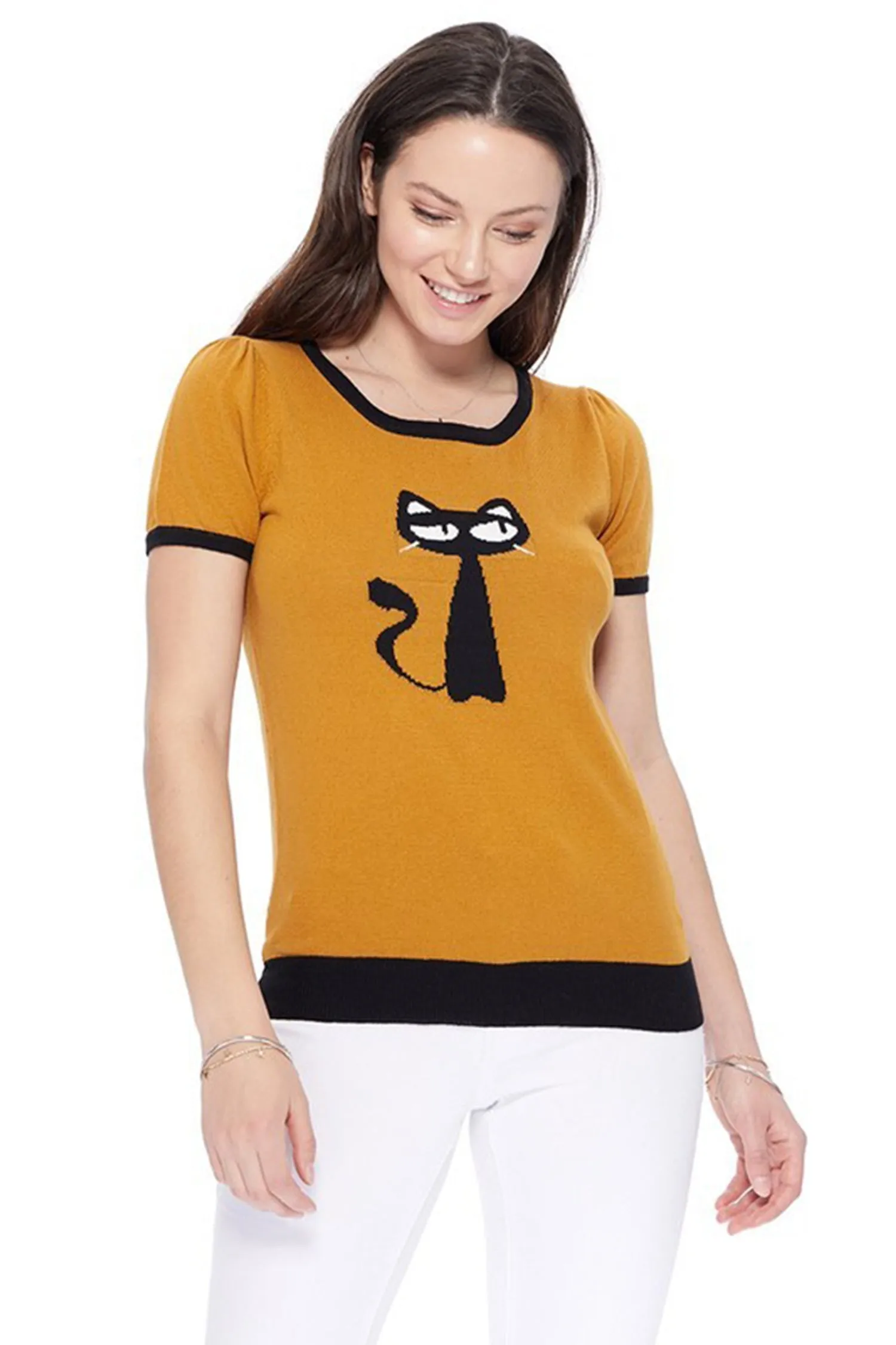 YEMAK Women's Short Sleeve Crewneck Cat Print Casual T-Shirt Sweater MK32004CAT (S-L)