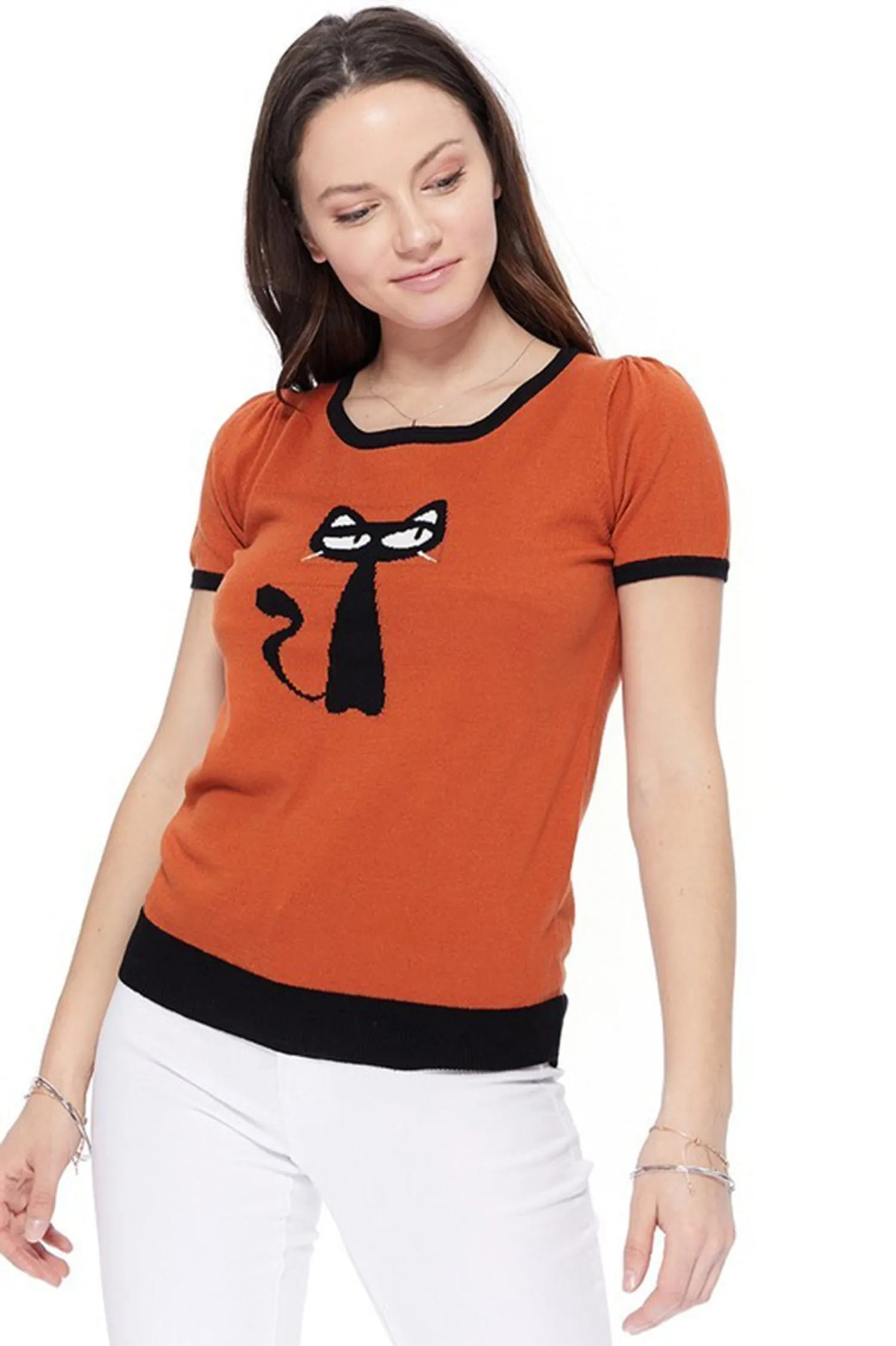 YEMAK Women's Short Sleeve Crewneck Cat Print Casual T-Shirt Sweater MK32004CAT (S-L)