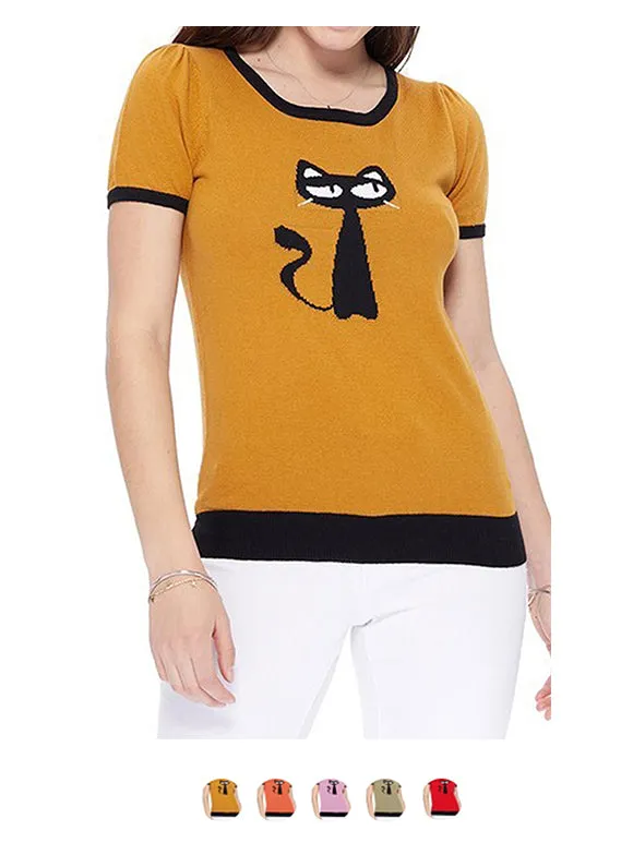 YEMAK Women's Short Sleeve Crewneck Cat Print Casual T-Shirt Sweater MK32004CAT (S-L)