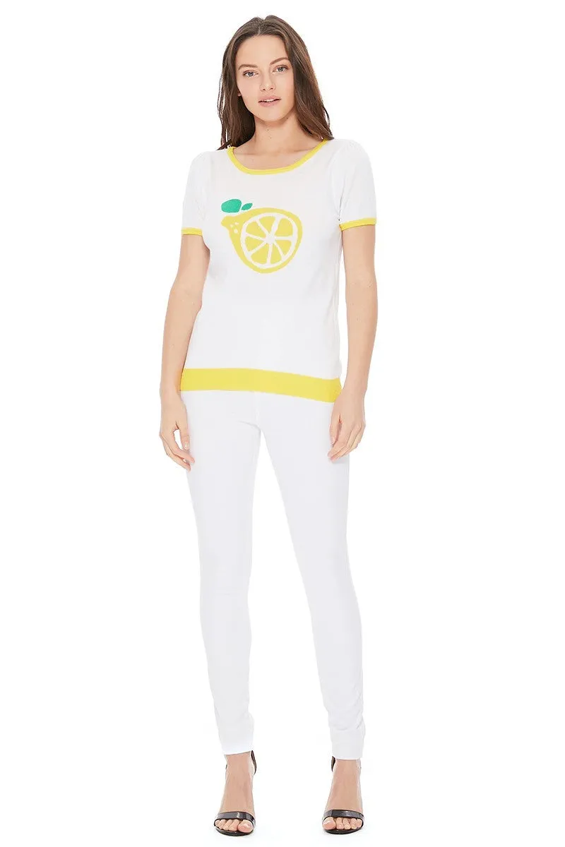 YEMAK Women's Short Sleeve Crewneck Lemon Print Casual T-Shirt Sweater MK32001 (S-L)